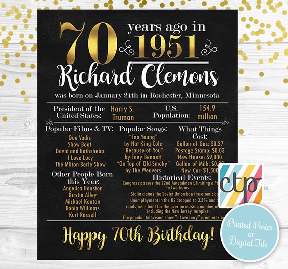70th Birthday Poster, 70th Birthday Decorations, Born in 1951, 50s, Personalized Gift, Gifts for Uncle, Il_570xn