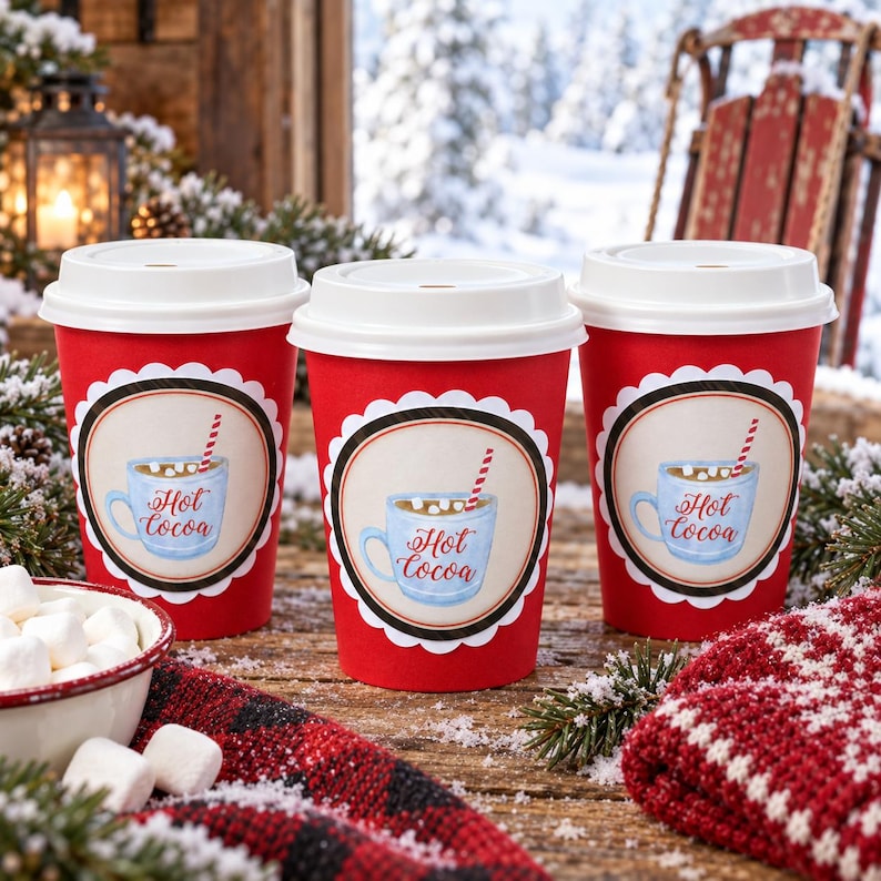 May include: Three red paper cups with white lids, each featuring a circular label with a light blue mug illustration, marshmallows, a red and white striped straw, and the text Hot Cocoa in red script, arranged on a rustic wooden surface.