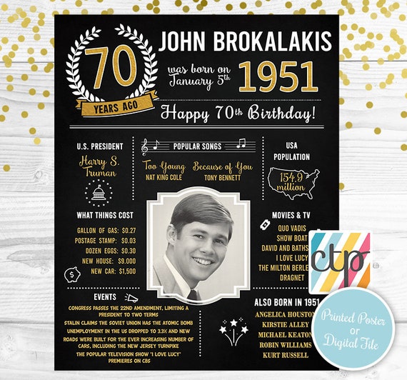 PRINTED 70th birthday poster, Back in 1951, What Happened in 1951, 70th Birthday Decorations, Black and Gold, 70th Party Decor, Vintage 1951 Il_570xn