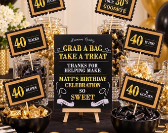 Personalized 40th Birthday Candy Bar Sign and Funny Buffet Picks for Men