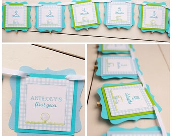 Golf 1st Birthday, First Year Banner, Monthly Banner, Photo Milestone Banner, A Hole in ONE, Golf Par-Tee, Blue Gingham