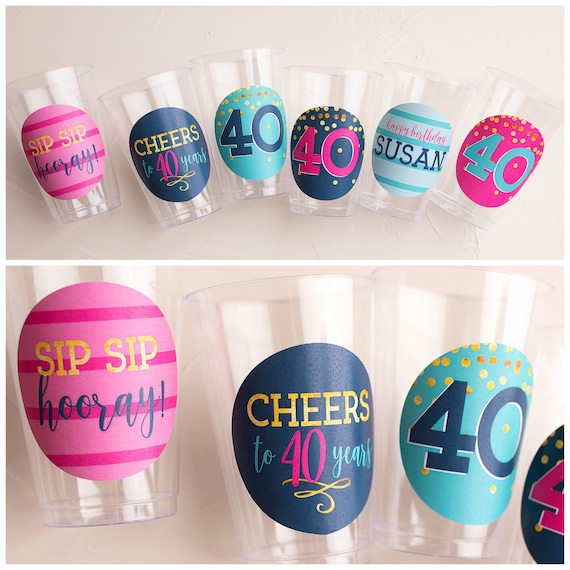40th Birthday Party, Birthday Cups, Party Glass, Wine Glass, Beer Cup, Sip Sip Hooray, Cheers to 40 Years, Hot Pink, Navy Blue Il_570xn