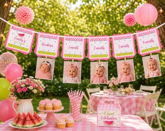 First Year Photo Banner, Watermelon Birthday Banner, One in a Melon Monthly Photo Display