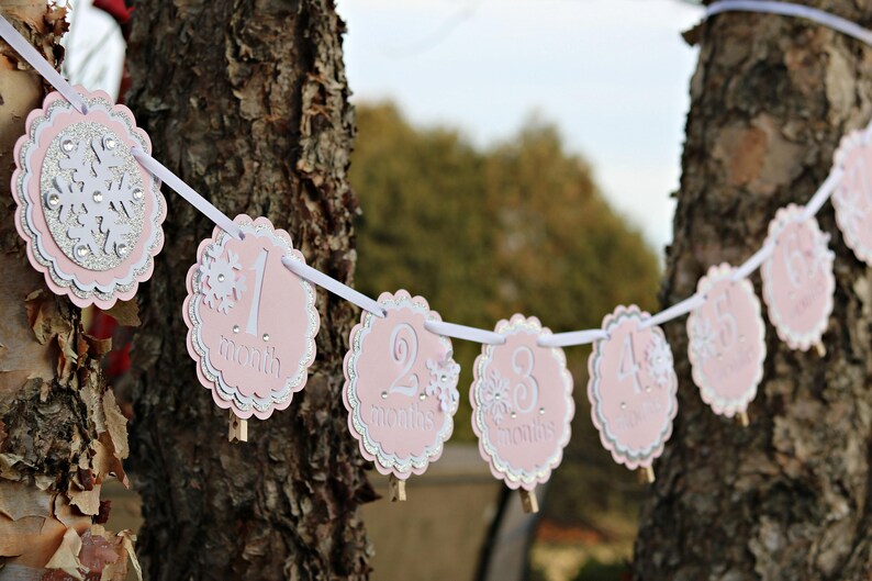 May include: A decorative banner featuring scalloped circular cards in light pink, silver glitter, and white. Each card displays a number from one to six followed by the word month, accented with white snowflake cutouts and small clear rhinestones.
