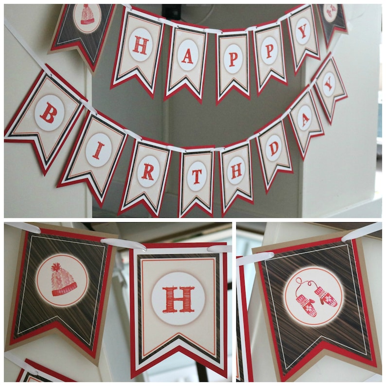May include: A decorative banner featuring swallowtail flags in cream, red, and dark brown wood-grain patterns. The flags display the red text HAPPY BIRTHDAY, with circular accents showing illustrations of a knit hat and a pair of winter mittens.