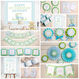 May include: A golf-themed first birthday party printable set with a green and blue color scheme. The set includes a banner, cupcake toppers, a sign, and other decorations. The text on the banner reads "Happy Birthday". The sign says "Anthony's First Birthday".