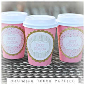 HOT COCOA CUPS, Girl Winter ONEderland, Winter Wonderland, 1st Birthday Party, Hot Chocolate Cups, Hot Chocolate Bar, Pink and Gold