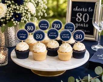 80th Birthday Cupcake Toppers | Mini or Regular Size Toppers | ANY AGE - Fully Assembled