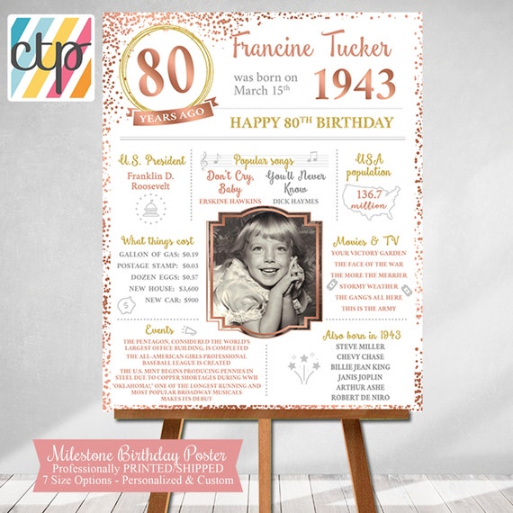 80th Birthday Poster, 80th Birthday Decorations, Born in 1943, 40s, Personalized Gifts, Gift for Wife, Il_570xn