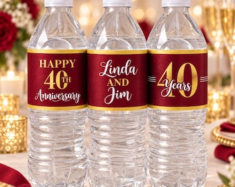 Personalized 40th Anniversary Water Bottle Labels, Ruby Wedding Party Decor