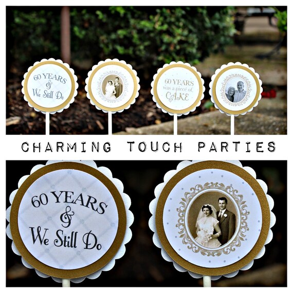 60TH WEDDING ANNIVERSARY Cupcake Toppers, Cheers to 60 Years, Gold and Ivory, Golden Anniversary Party Decorations Il_570xn