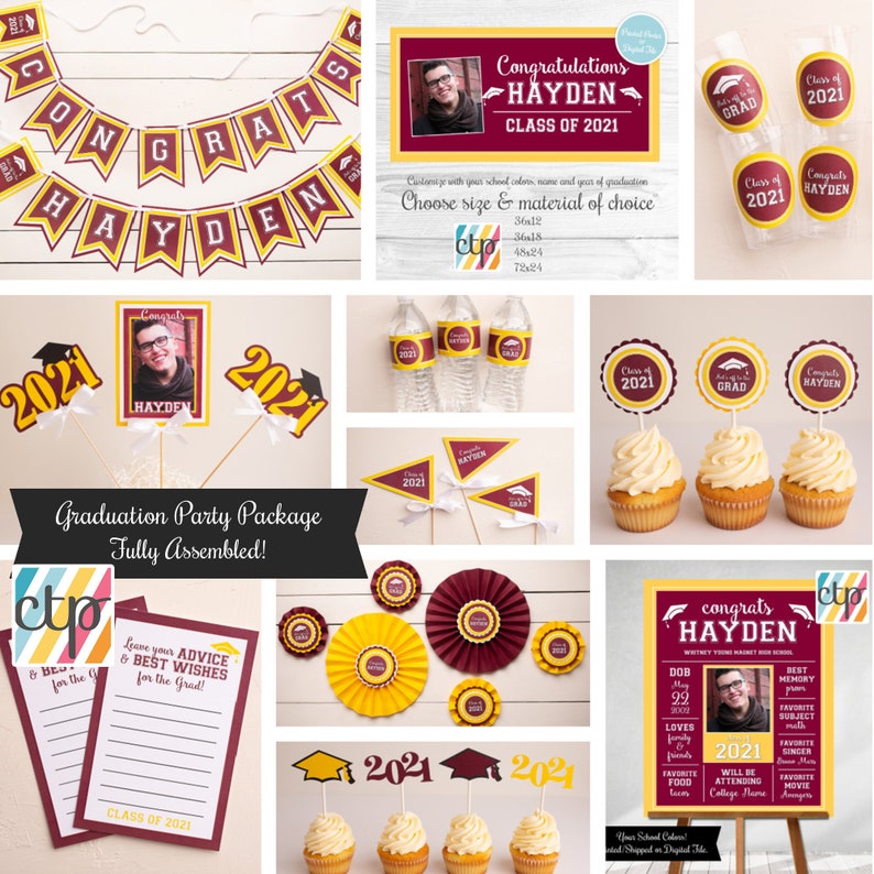 K&ouml;nnte beinhalten: Ein Abschlussfeier-Paket mit Dekorationen in den Farben Weinrot und Gold. Das Paket beinhaltet ein Banner, Cupcake-Topper, Wasserflaschenetiketten und ein Schild mit dem Namen des Absolventen und dem Abschlussjahr. Der Text auf dem Schild lautet "Herzlichen Gl&uuml;ckwunsch Hayden Klasse von 2021".