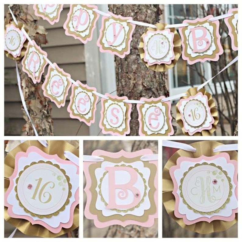 Birthday Banner Gold Glitter Name Banner Blush and Gold Glam Birthday PINK AND GOLD Banner Pink Baby Shower Welcome Baby Banner