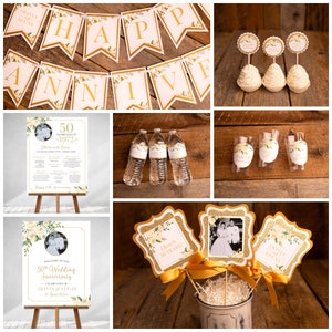 Anniversary Party Decorations, 50th Wedding Anniversary, 7 Piece Party Package, Fully Assembled, Golden Anniversary,