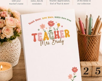 Personalized Teacher Notepad, Custom Classroom Stationery, Appreciation Gift, Floral Desk Pad