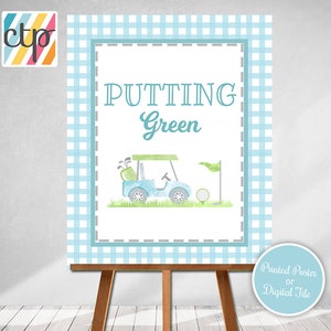 Golf Party Sign, Putting Green, A Hole In ONE, Golf 1st Birthday Party Decorations, Golf Par-Tee, Blue Gingham, Printed or Printable