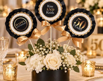 Personalized 50th Anniversary Centerpiece, Black Gold Wedding Table Decoration, Party Decor