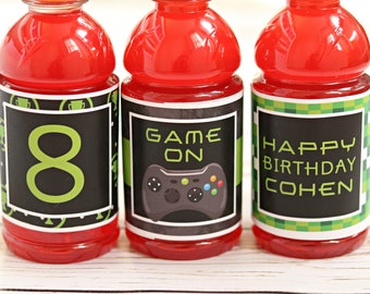 VIDEO GAME BIRTHDAY Sports Drink Bottle Labels, Energy Drink, Gamer Party Game Truck Party Fully Finished Video Game Decorations
