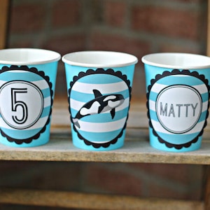 ORCA WHALE BIRTHDAY, Party Cups, Orca Whale Cups, Ocean Birthday, Swim Party, Whale Birthday Party, Boy Birthday, Blue, Black