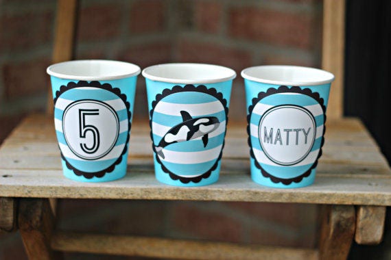 ORCA WHALE BIRTHDAY, Party Cups, Orca Whale Cups, Ocean Birthday, Swim Party, Whale Birthday Party, Boy Birthday, Blue, Black Il_570xn
