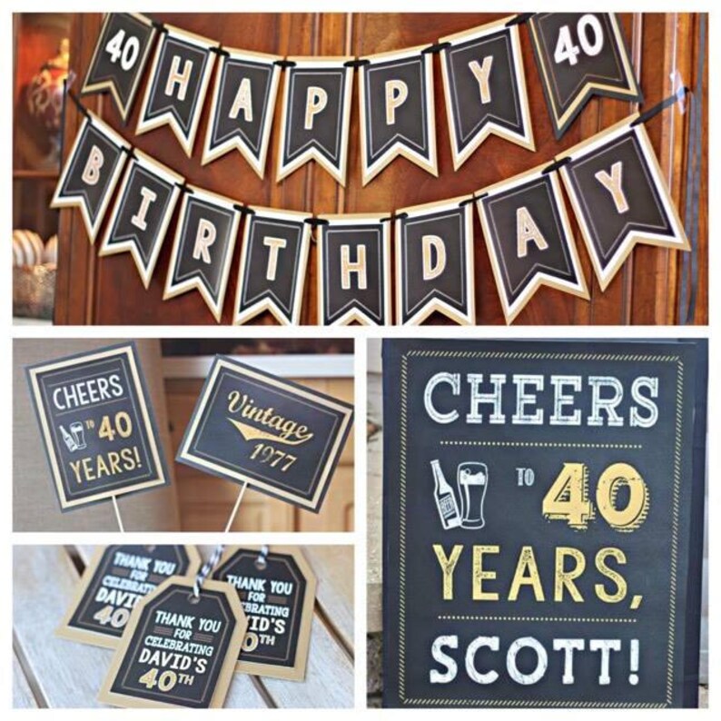May include: Black and gold 40th birthday party decorations with a vintage theme. The decorations include a banner, signs, and tags. The banner says "Happy Birthday". The signs say "Cheers to 40 Years" and "Vintage 1977". The tags say "Thank You for Celebrating David's 40th".