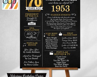 PRINTED 70th birthday poster, Back in 1953, What Happened in 1953, 70th Birthday Decorations, Black and Gold, 70th Party Decor, Vintage 1953