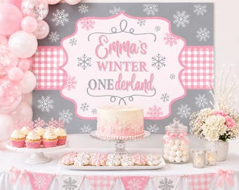 Pink Winter ONEderland Backdrop, Personalized First Birthday Party Banner, Snowflake Decor