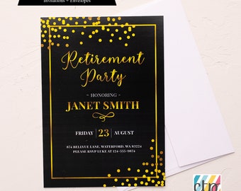 Custom Retirement Party Invitations, Printed or Digital File, Black and Gold