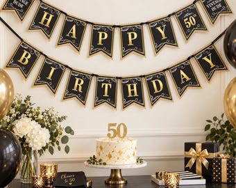 50th Birthday Banner, Vintage Dude Black Gold Party Decorations for Men