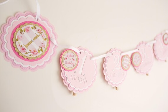 FLORAL 1st BIRTHDAY 12 Month Photo Memory Banner, 1st Year Banner, Monthly Banner, Girl First Birthday Party Decorations, Pink and Gold Il_570xn