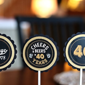 CHEERS AND BEERS Birthday Cupcake Toppers, 40th Birthday Party Decorations, Beer Birthday, Masculine Birthday, Black and Gold