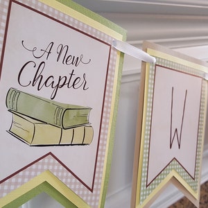 BOOK BABY SHOWER Decorations, Welcome Baby Banner, A New Chapter, Baby's First Library, Gender Neutral, Tan, Green, Yellow Baby Shower image 1