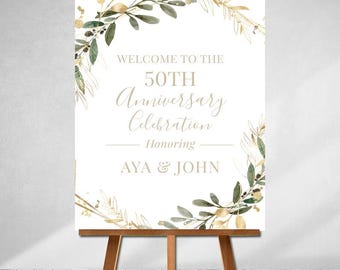 PRINTED and Personalized 50th anniversary sign, Gold Leaves