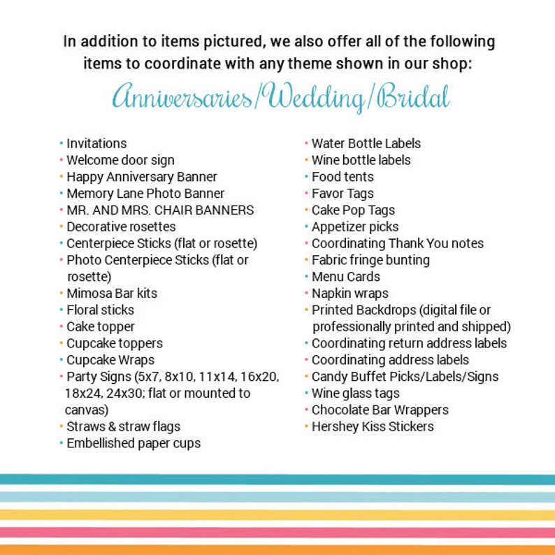 May include: A list of wedding and anniversary party supplies, including invitations, decorations, favors, and personalized items. The list is divided into two columns, with the heading "Anniversaries/Wedding/Bridal" at the top.
