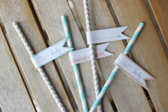 TRIBAL GENDER REVEAL Party Decorations, Tribal Baby Shower, Straws and Straw Flags, Bows or Arrows, Boho Chic Baby Shower, Coral and Aqua Il_570xn