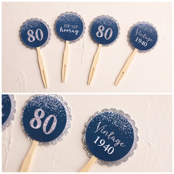 80th Birthday Party Decorations, Appetizer Picks, Mini Cupcake Toppers, Cheers to 80 Years, Navy Blue and Silver Il_570xn