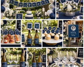 80th Birthday Decorations, Cheers to 80 Years Party Package, Navy Silver Birthday Decor, Banner, Centerpieces, Cupcake Toppers, Welcome Sign