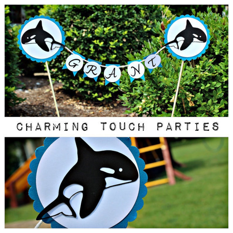 Blue and Black Orca Whale Banner Boy Birthday Swim Party Ocean Birthday ORCA WHALE DECORATIONS Orca Whale Sign Whale Birthday Party