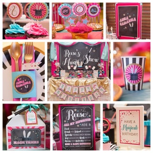 May include: A pink and teal birthday party decorations set with a magic show theme. The set includes a banner, cupcake toppers, a sign that says "Reese's Magic Show", a sign that says "Abra Cadabra", a sign that says "Have a Magical Birthday!" and a sign that says "All My Favorites".
