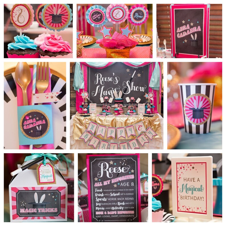 May include: A pink and teal birthday party decorations set with a magic show theme. The set includes a banner, cupcake toppers, a sign that says "Reese's Magic Show", a sign that says "Abra Cadabra", a sign that says "Have a Magical Birthday!" and a sign that says "All My Favorites".