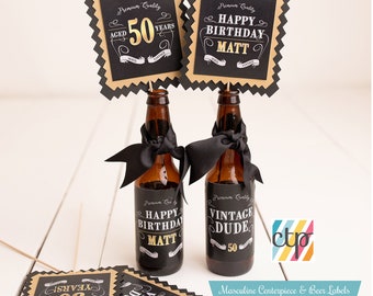 50th Birthday Centerpiece, Beer Labels, Milestone Birthday Decorations, Vintage Dude, Printable, Digital Download, PDF