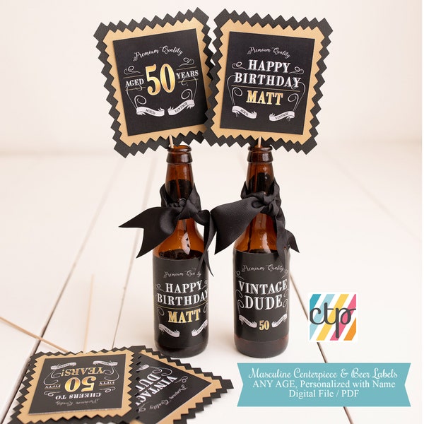 50th Birthday Centerpiece, Beer Labels, Milestone Birthday Decorations, Vintage Dude, Printable, Digital Download, PDF