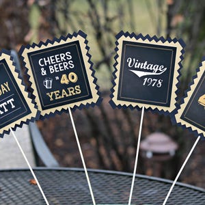 CHEERS AND BEERS Birthday Centerpiece Sticks, 40th Birthday Party Decorations, 40th Party Picks, Beer Birthday, Masculine Birthday, Black