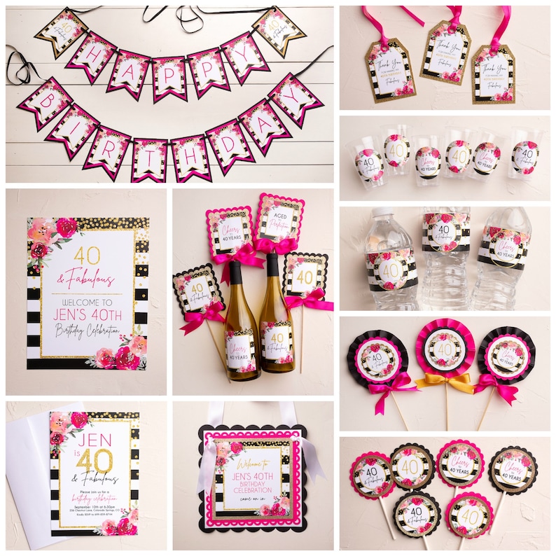 Puede incluir: Un conjunto de decoraci&oacute;n para una fiesta de cumplea&ntilde;os n&uacute;mero 40 con dise&ntilde;os de rayas negras y blancas, purpurina dorada y flores rosas. El conjunto incluye una pancarta, invitaciones, etiquetas para botellas de agua, etiquetas para botellas de vino, adornos para cupcakes y etiquetas de regalo. El texto en las decoraciones dice "40 & Fabulous" y "Celebraci&oacute;n del 40 cumplea&ntilde;os de Jen".