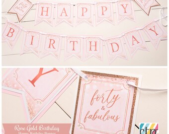 Happy Birthday Banner, 40th Birthday Banner, Rose Gold, For Her