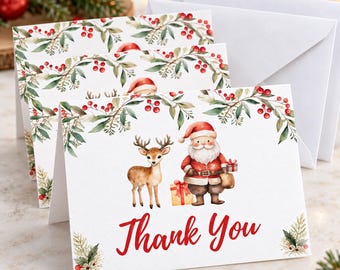 Christmas Thank You Cards with Envelopes, Santa Holiday Stationery, Flat or Folded