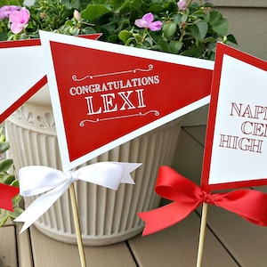 GRADUATION PARTY DECORATIONS, Graduation Centerpiece.  Grad Pennant Flag Centerpiece.  Custom Graduation Party Decor, Red and White