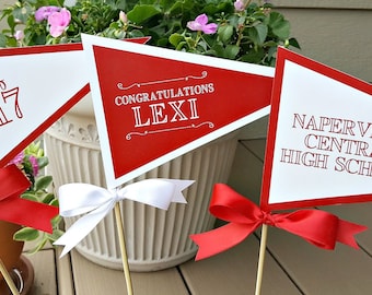 GRADUATION PARTY DECORATIONS, Graduation Centerpiece.  Grad Pennant Flag Centerpiece.  Custom Graduation Party Decor, Red and White