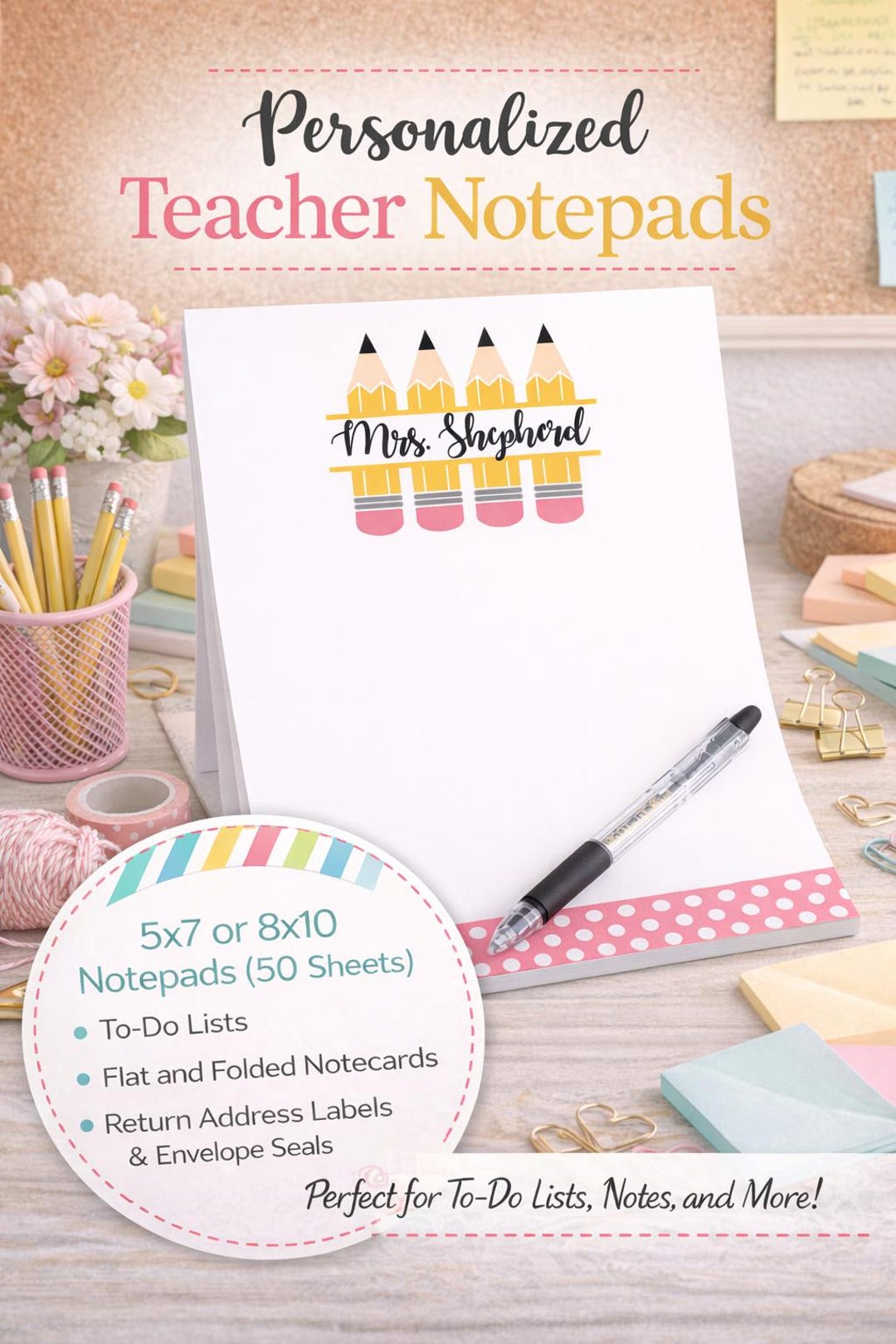 Custom Teacher Notepads Personalized Teacher Notepads, Pencil Design, Personalized With Teacher ...