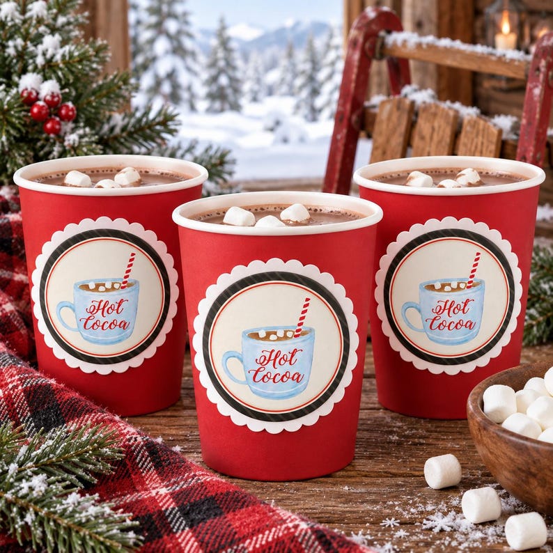 May include: Three red paper cups filled with hot cocoa and marshmallows. Each cup features a circular label with a scalloped white border, a black ring, and an illustration of a light blue mug with the text Hot cocoa and a red striped straw.